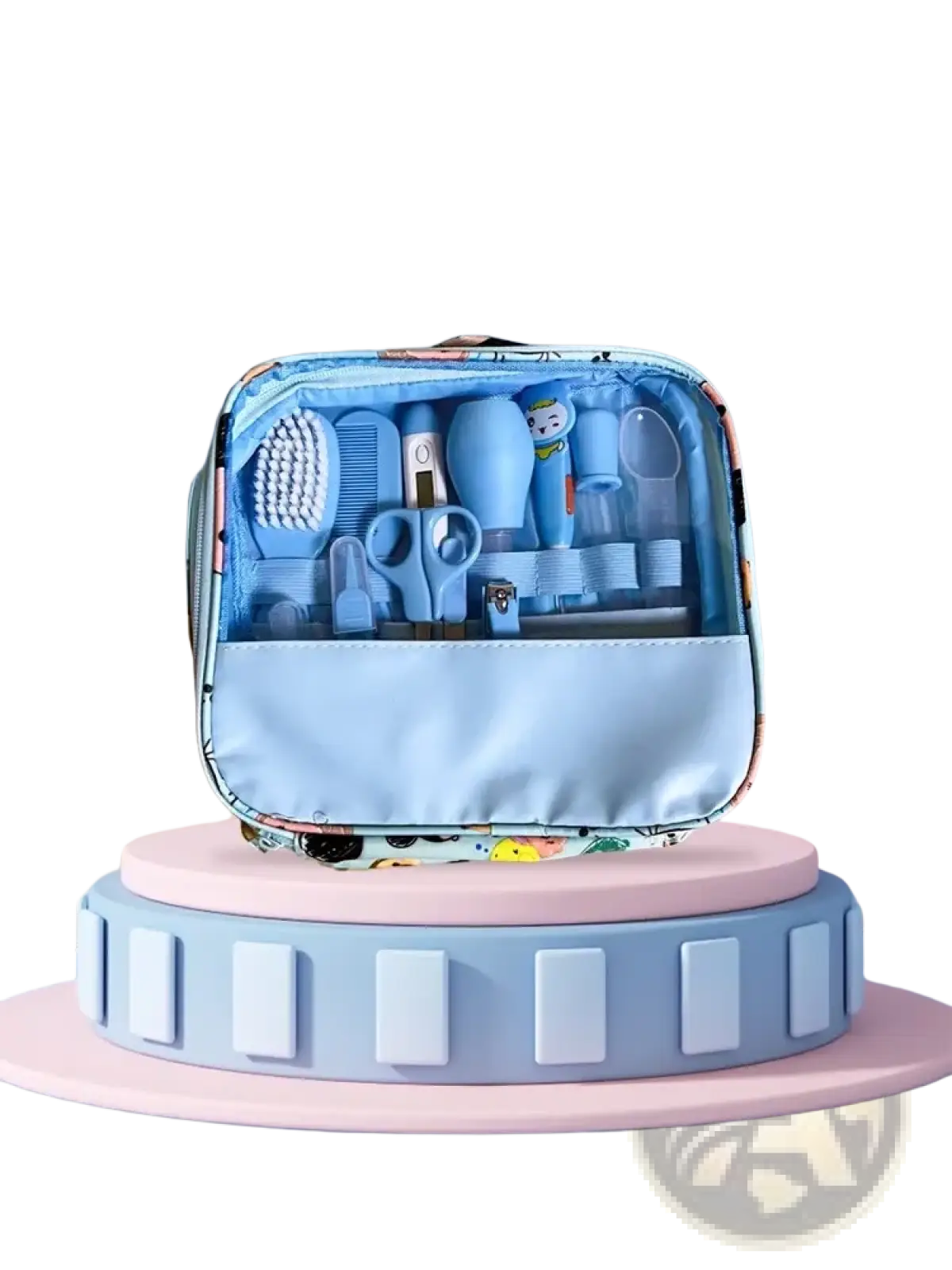 Light blue baby healthcare grooming kit 12 piece set with soft silicone and plastic tools in patterned fabric pouch