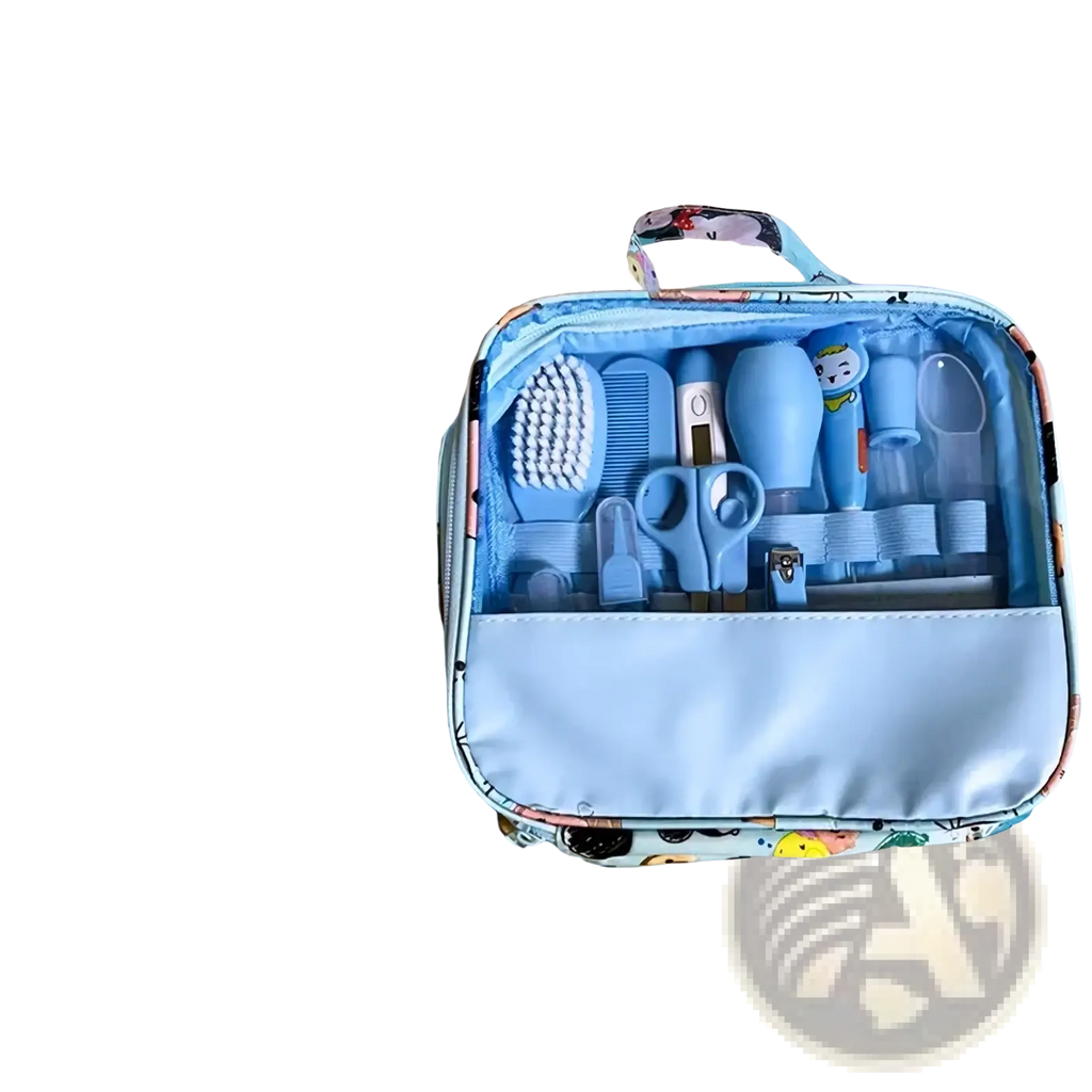 Light blue fabric nursing bag suit with cartoon pattern and zipper containing 13 baby care supplies baby healthcare grooming kit