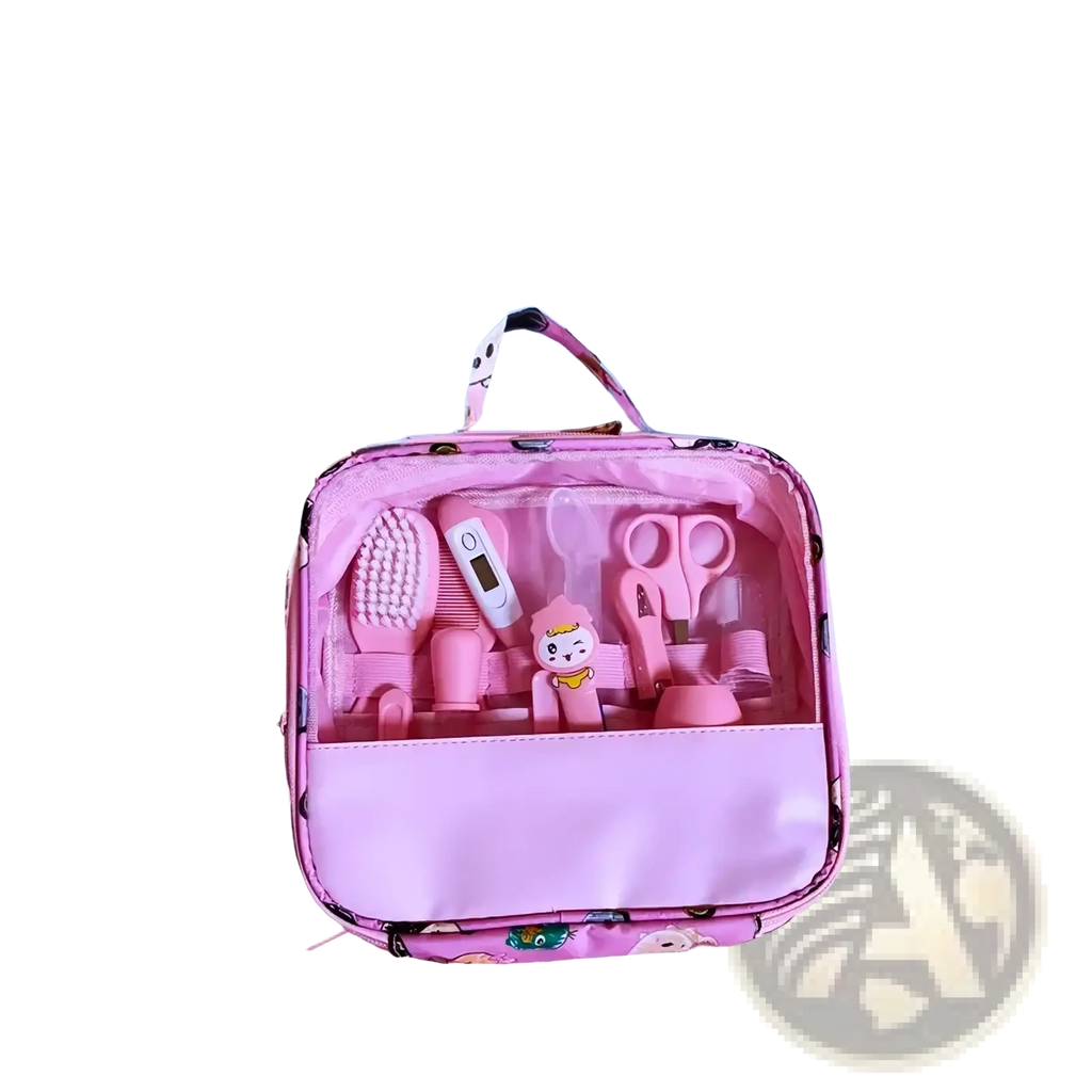 Baby healthcare grooming kit 12 piece set with pink tools and cartoon character handle in clear front panel case