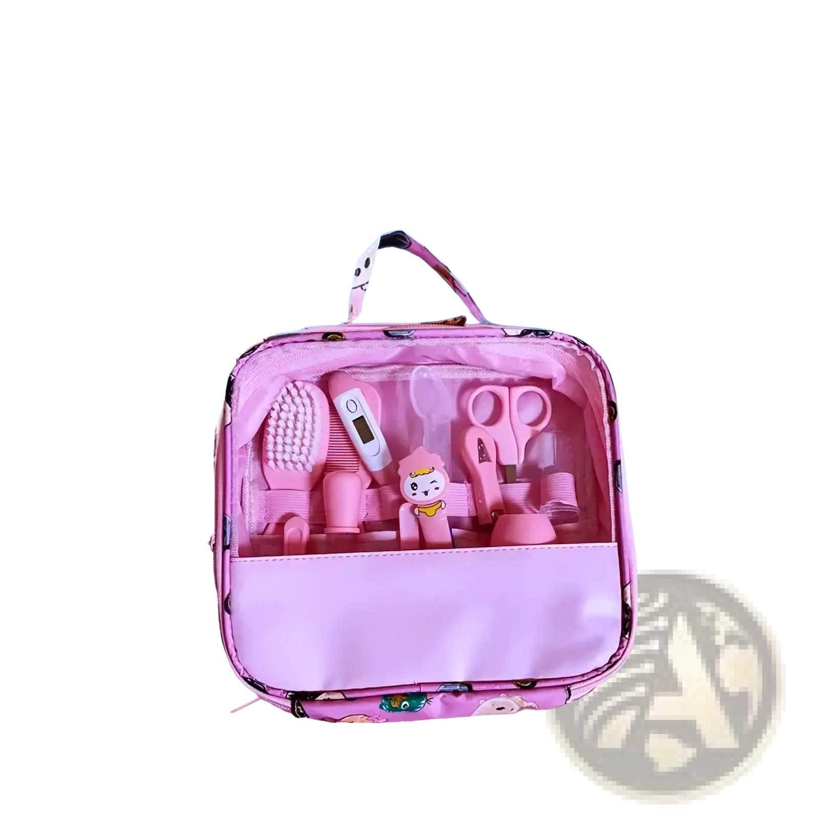 Baby healthcare grooming kit 12 piece set with pink tools and cartoon character handle in clear front panel case