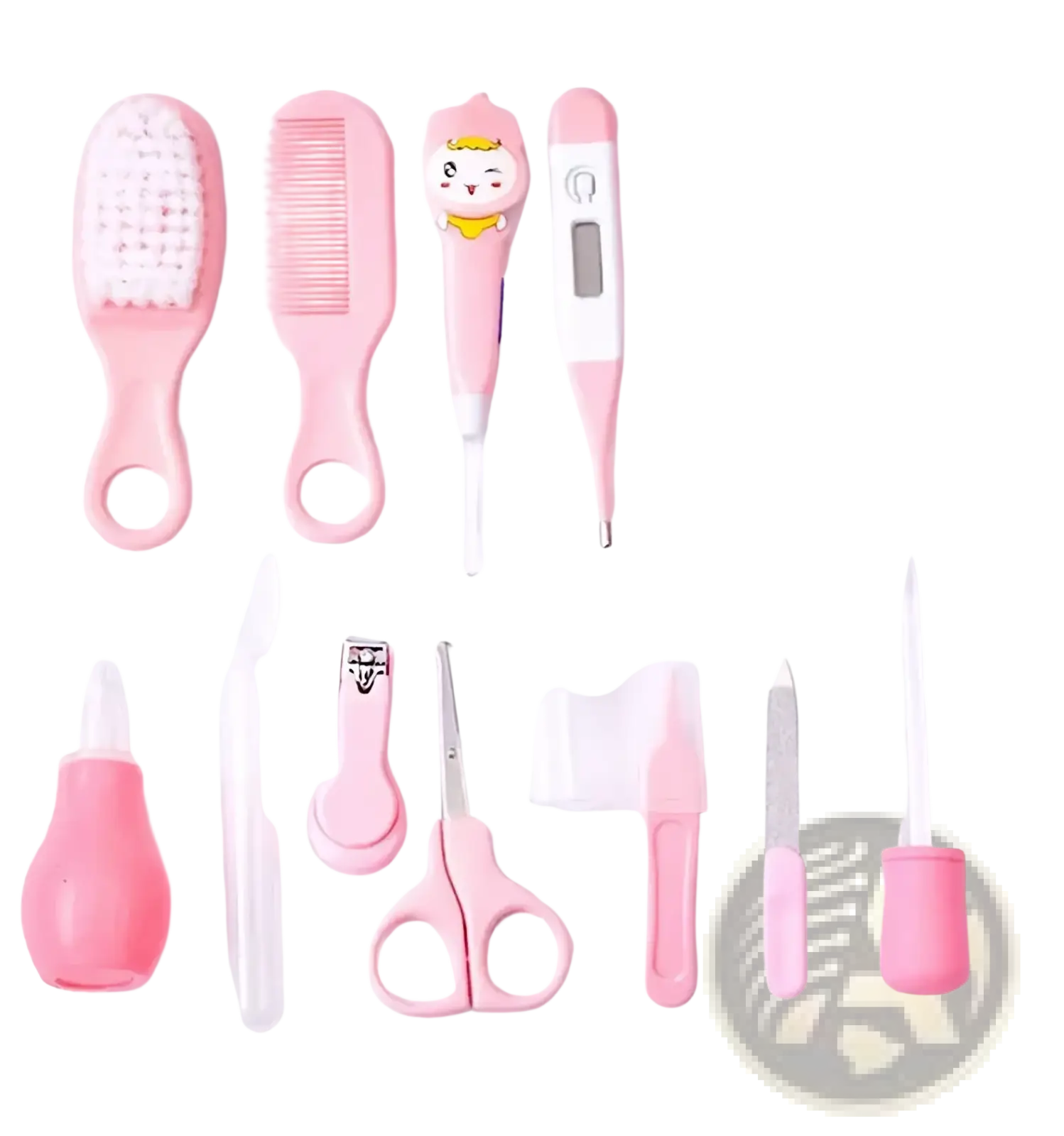 Pink plastic baby healthcare grooming kit with 12 pieces including a cartoon character thermometer and matching tools
