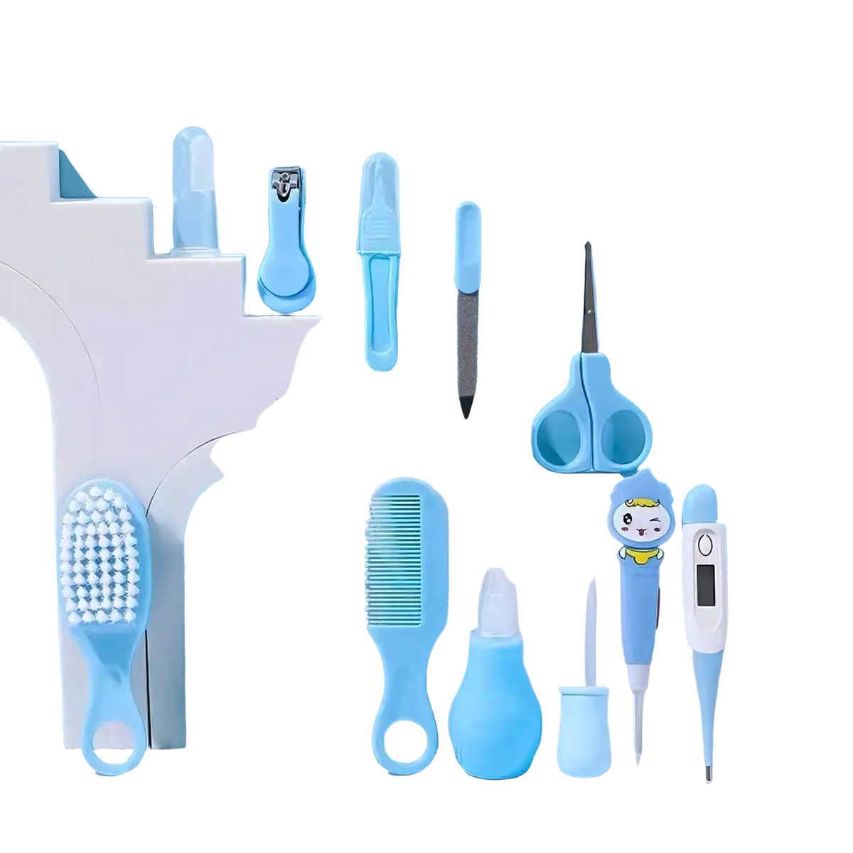 Blue plastic baby healthcare grooming kit 12 piece set with cartoon character thermometer and assorted tools