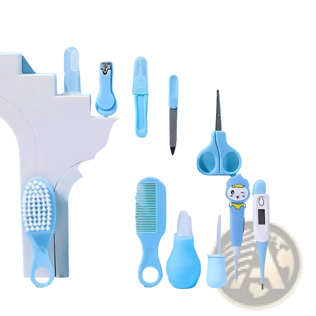 Blue plastic baby healthcare grooming kit 12 piece set with cartoon character thermometer and assorted tools