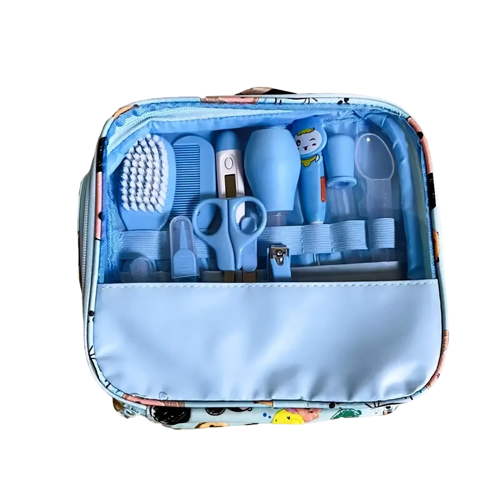 Light blue baby healthcare grooming kit 12 piece set with cartoon design and multiple tools neatly organized inside