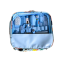 Light blue baby healthcare grooming kit 12 piece set with cartoon design and multiple tools neatly organized inside
