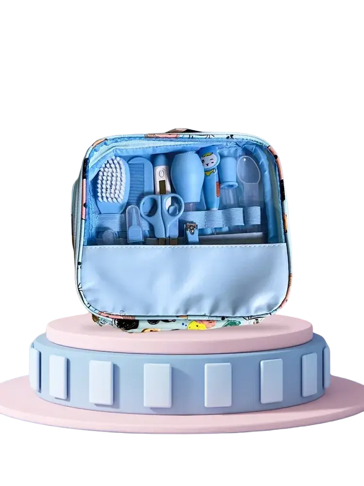 Light blue baby healthcare grooming kit 12 piece set with soft silicone and plastic tools in patterned fabric pouch
