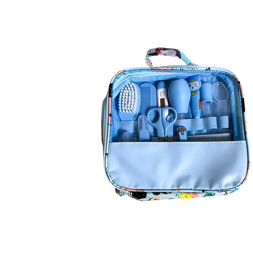 Light blue fabric nursing bag suit with cartoon pattern and zipper containing 13 baby care supplies baby healthcare grooming kit