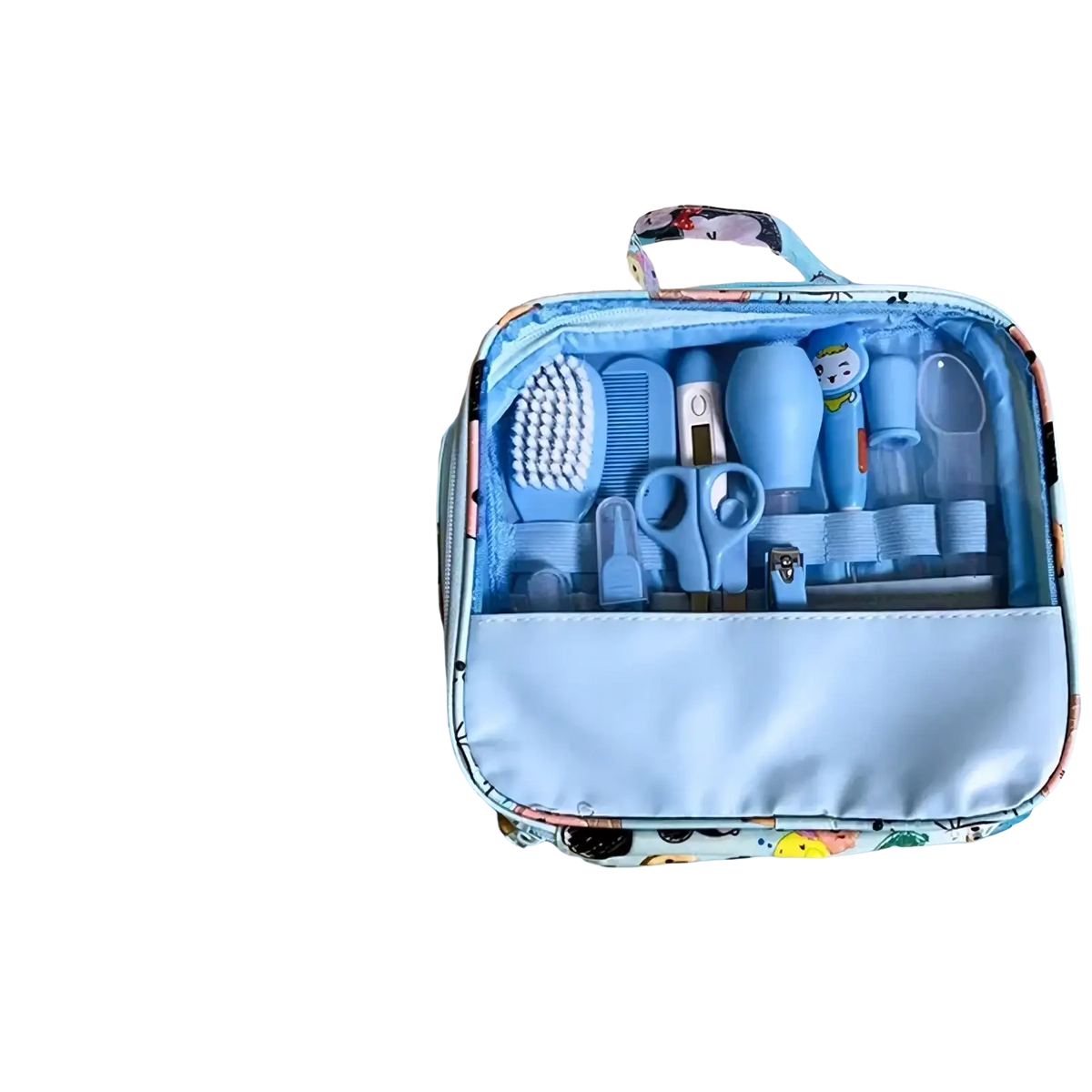 Light blue fabric nursing bag suit with cartoon pattern and zipper containing 13 baby care supplies baby healthcare grooming kit
