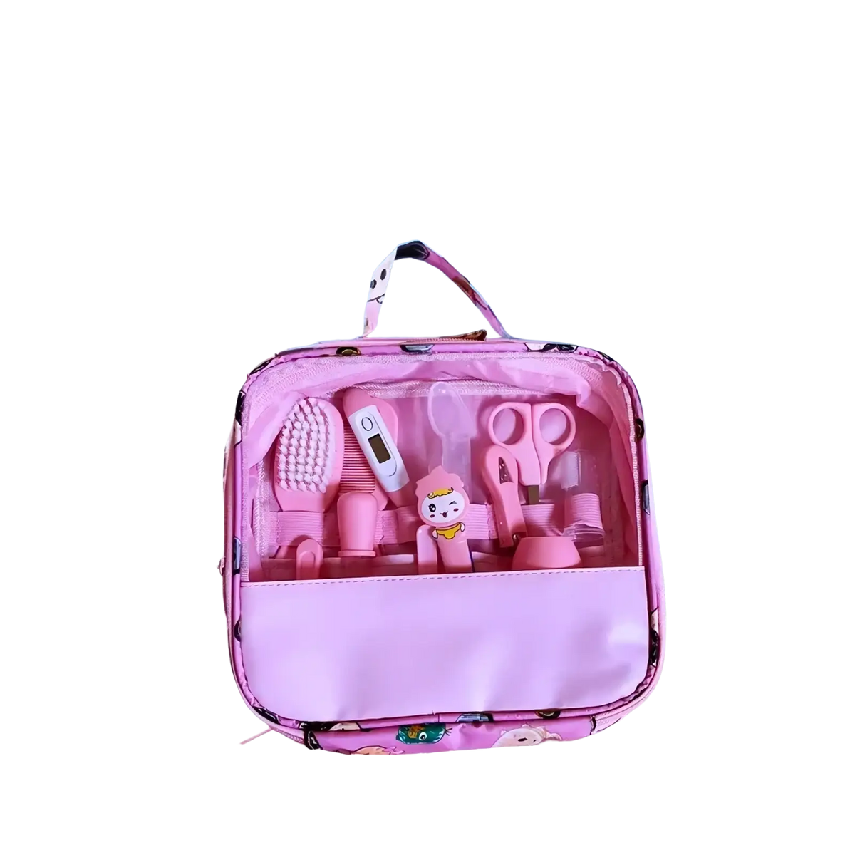 Baby healthcare grooming kit 12 piece set with pink tools and cartoon character handle in clear front panel case