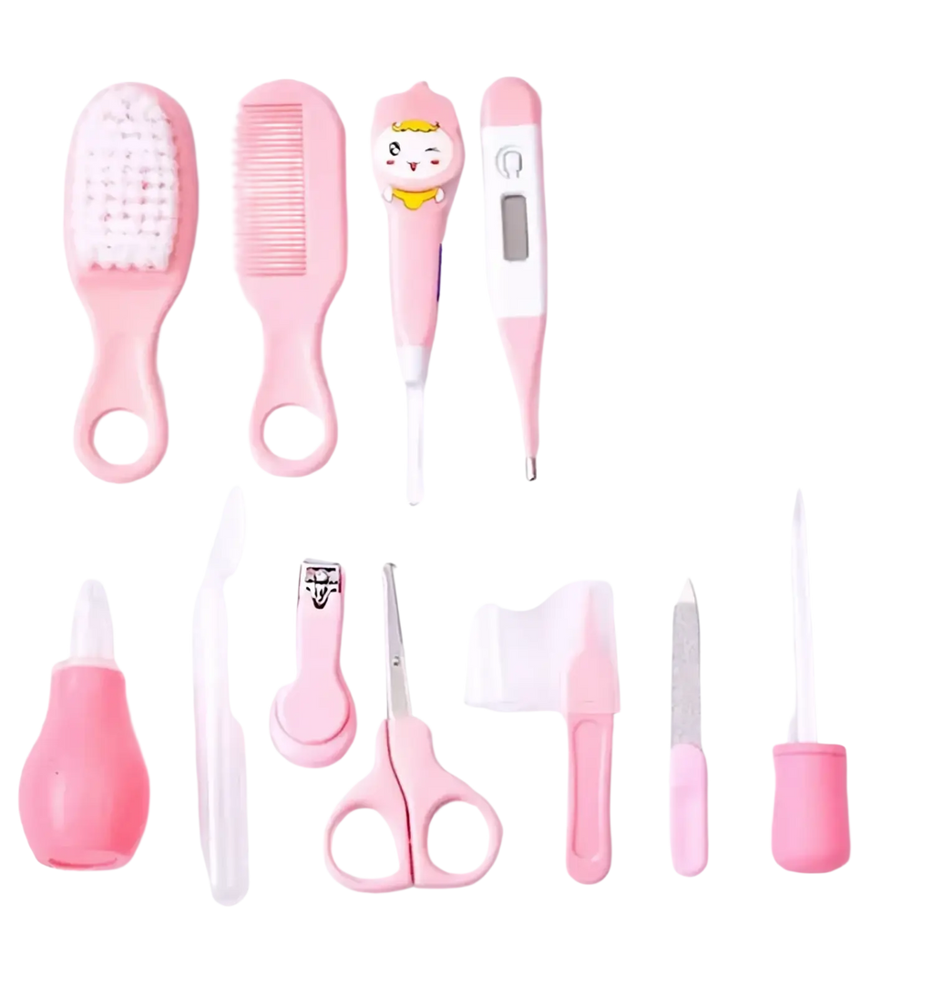 Pink plastic baby healthcare grooming kit with 12 pieces including a cartoon character thermometer and matching tools