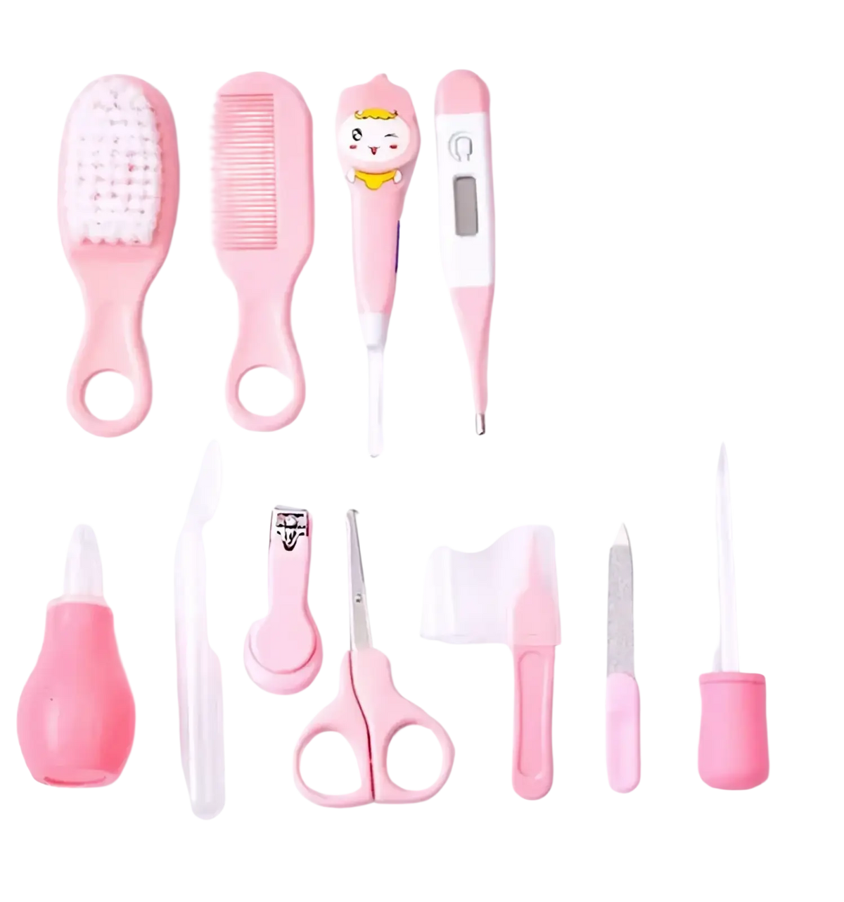 Pink plastic baby healthcare grooming kit with 12 pieces including a cartoon character thermometer and matching tools