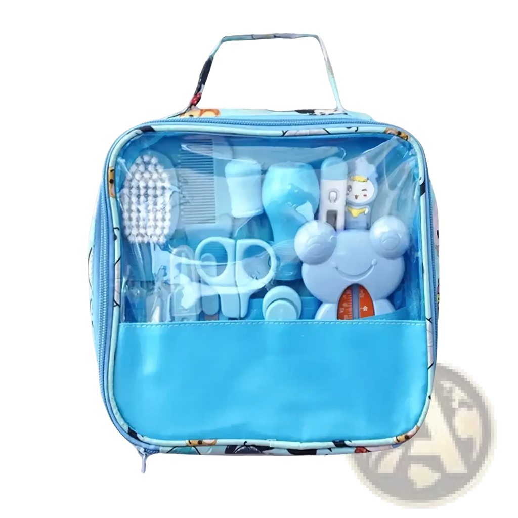 Blue baby healthcare grooming kit with clear front panel and cartoon character design 13-piece safety set