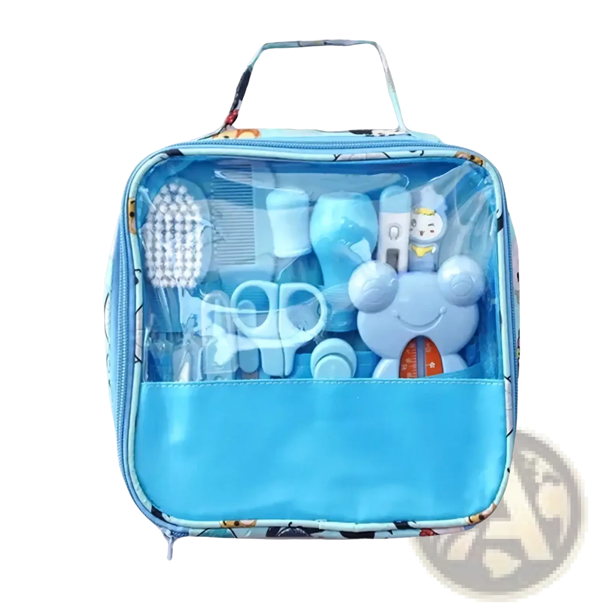 Blue baby healthcare grooming kit with clear front panel and cartoon character design 13-piece safety set
