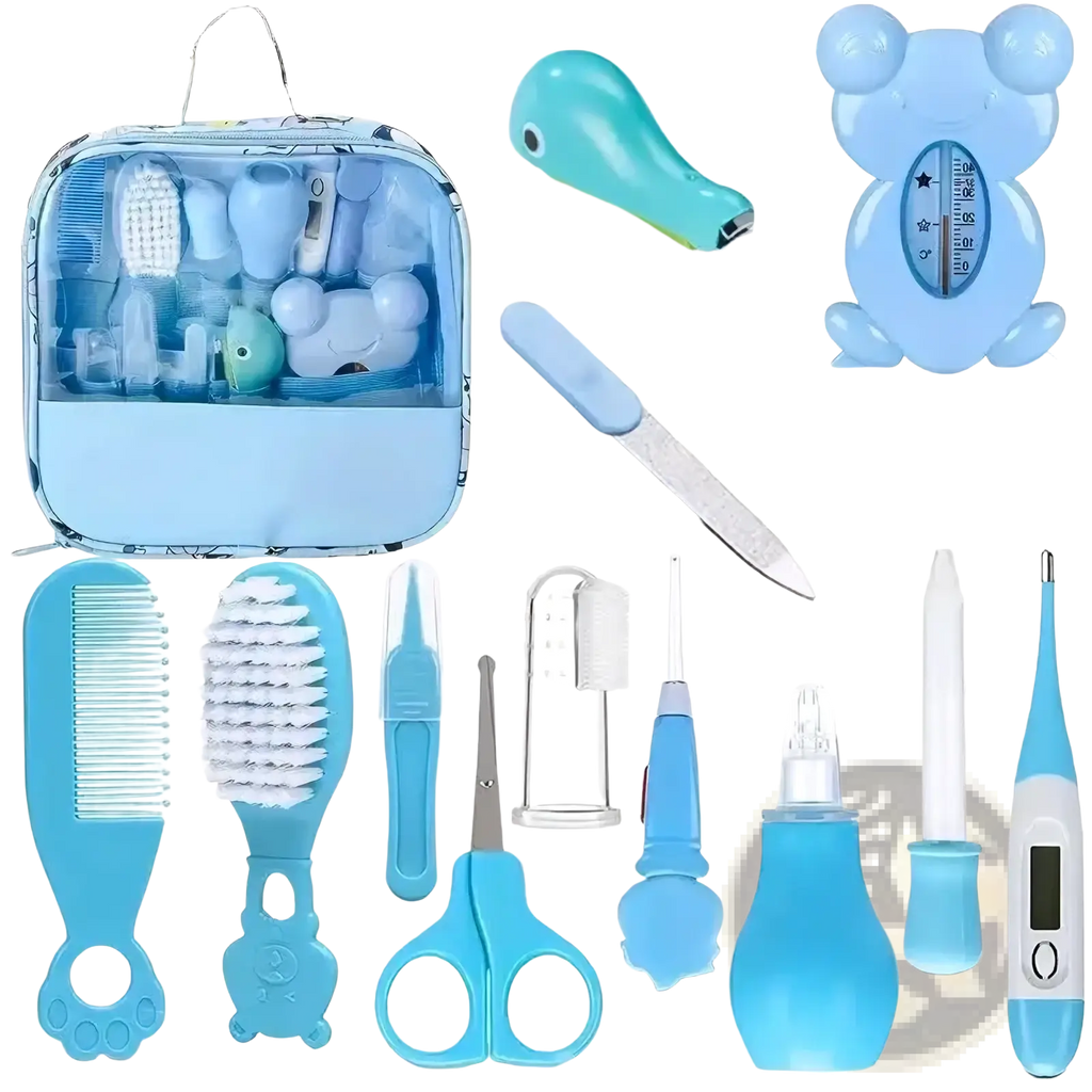 Blue plastic baby healthcare grooming kit with 13 newborn safety tools and a clear organizer bag
