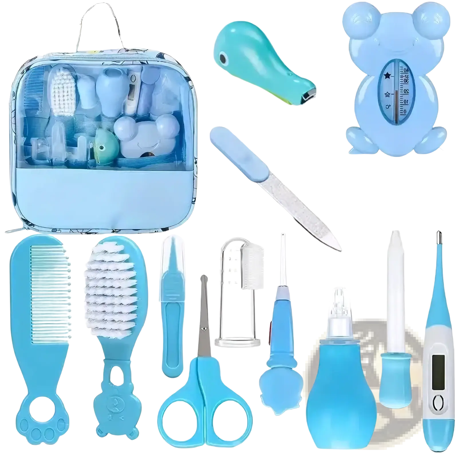 Blue plastic baby healthcare grooming kit with 13 newborn safety tools and a clear organizer bag