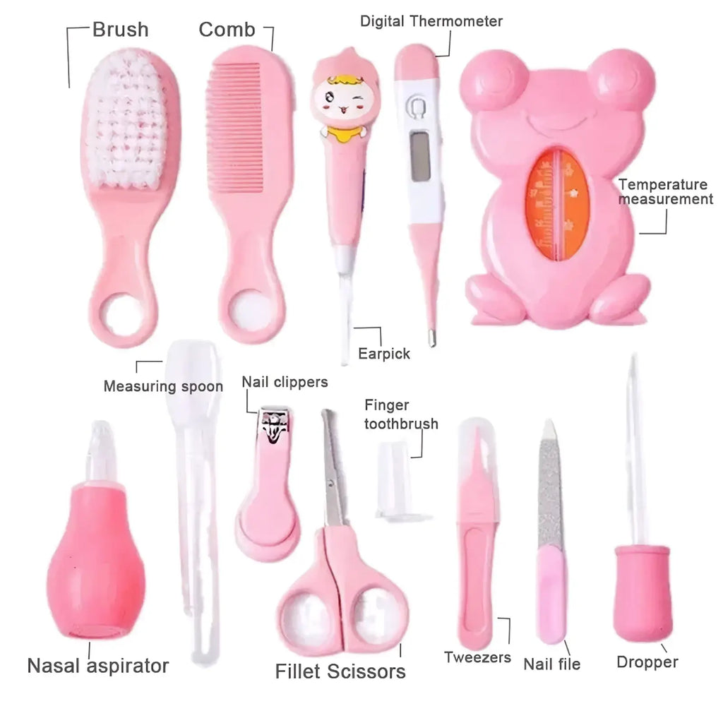 Pink bear-shaped digital thermometer with orange display window from baby healthcare grooming kit 13-piece newborn set