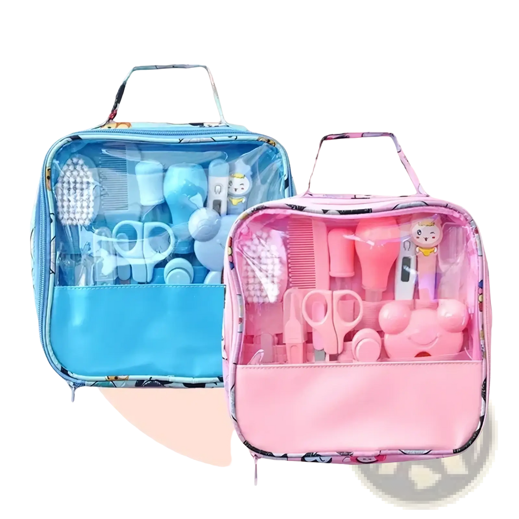 Pink and blue baby healthcare grooming kit cloth bags with clear panels displaying thirteen infant safety tools