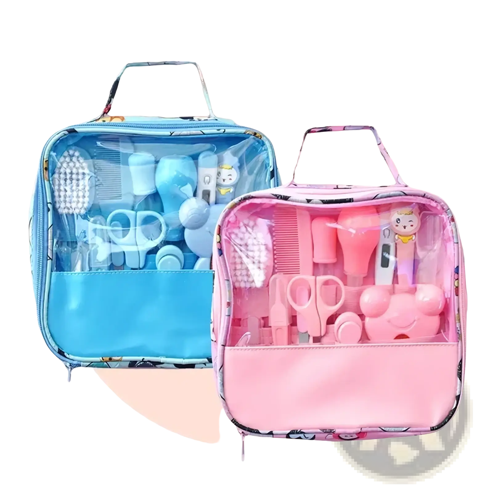 Pink and blue baby healthcare grooming kit cloth bags with clear panels displaying thirteen infant safety tools