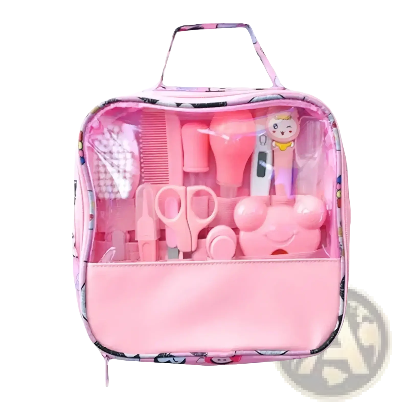 Pink baby healthcare grooming kit with clear front panel and cartoon character design 13-piece newborn safety set
