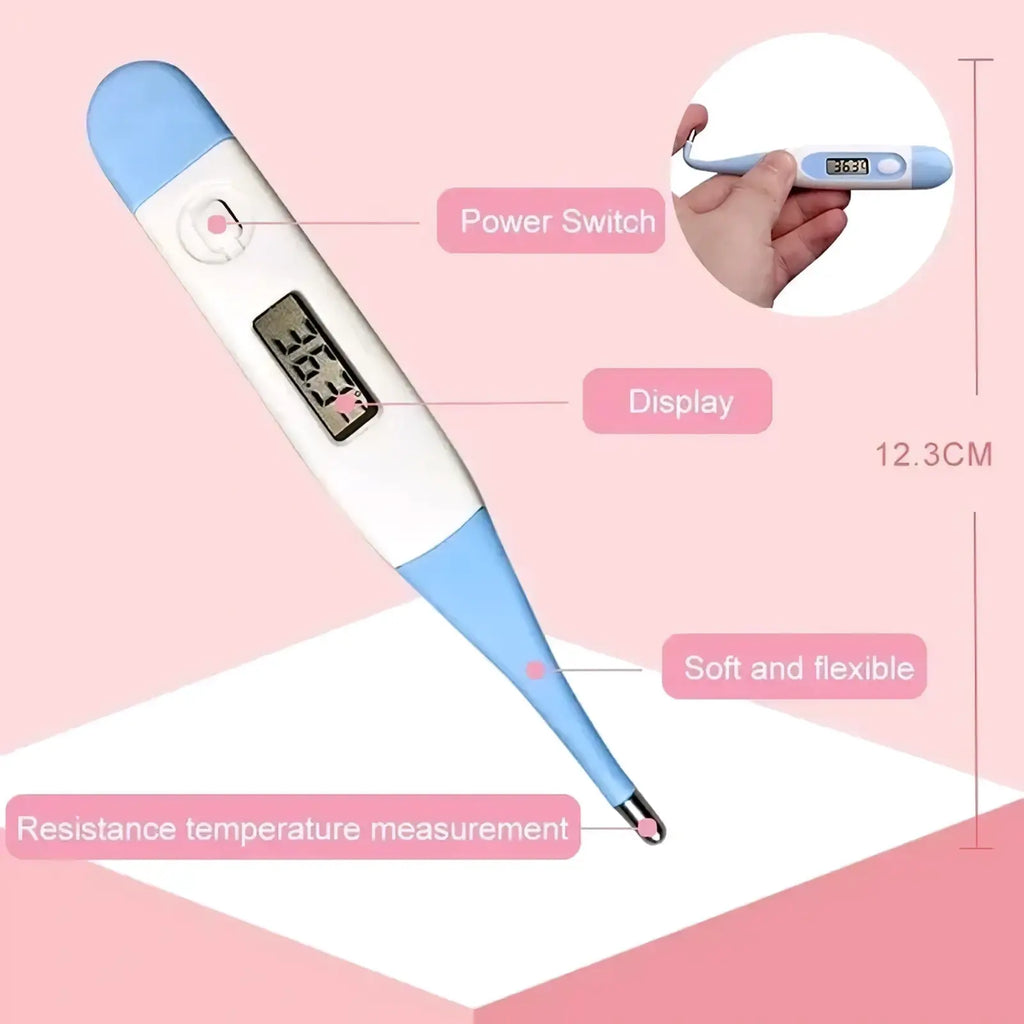 A sleek light blue and white digital thermometer with soft flexible design from baby healthcare grooming kit 13-piece set