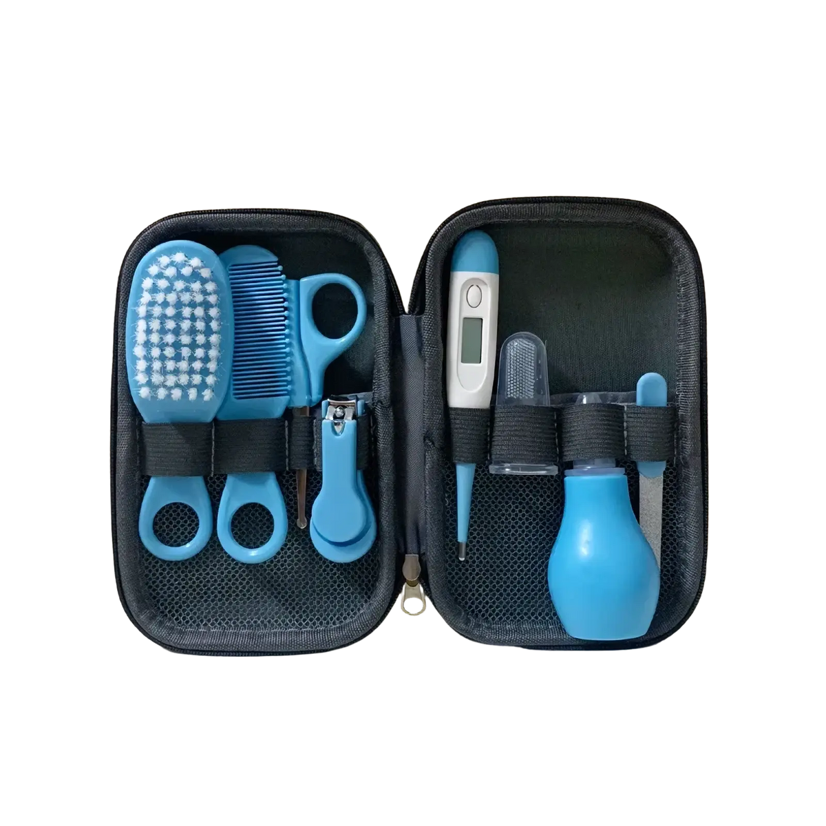 Blue baby healthcare and grooming kit 8-piece set with brushes combs scissors nail clippers and thermometer in black mesh case