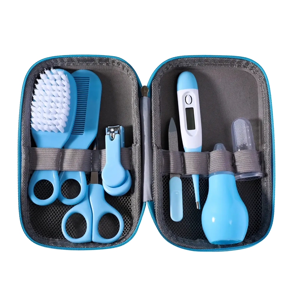 Blue baby healthcare and grooming kit 8-piece set with assorted tools neatly organized in a compact zippered case