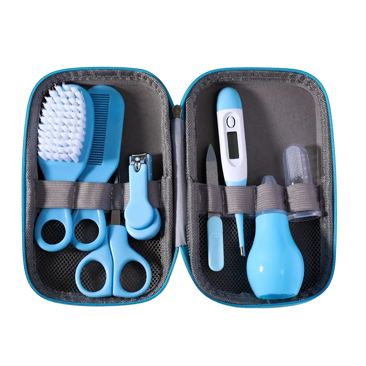 Blue baby healthcare and grooming kit 8-piece set with assorted tools neatly organized in a compact zippered case