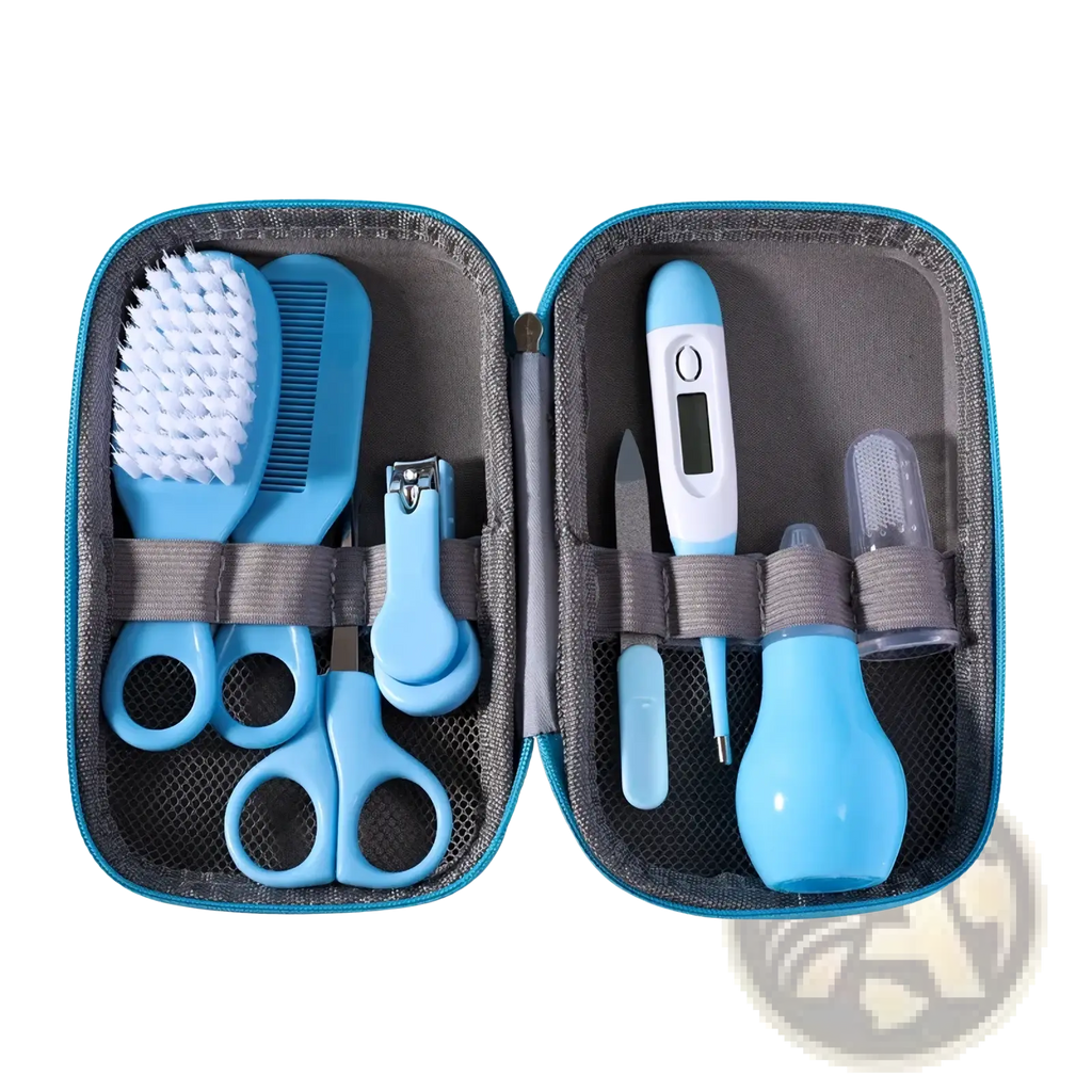 Blue baby healthcare and grooming kit 8-piece set with assorted tools neatly organized in a compact zippered case