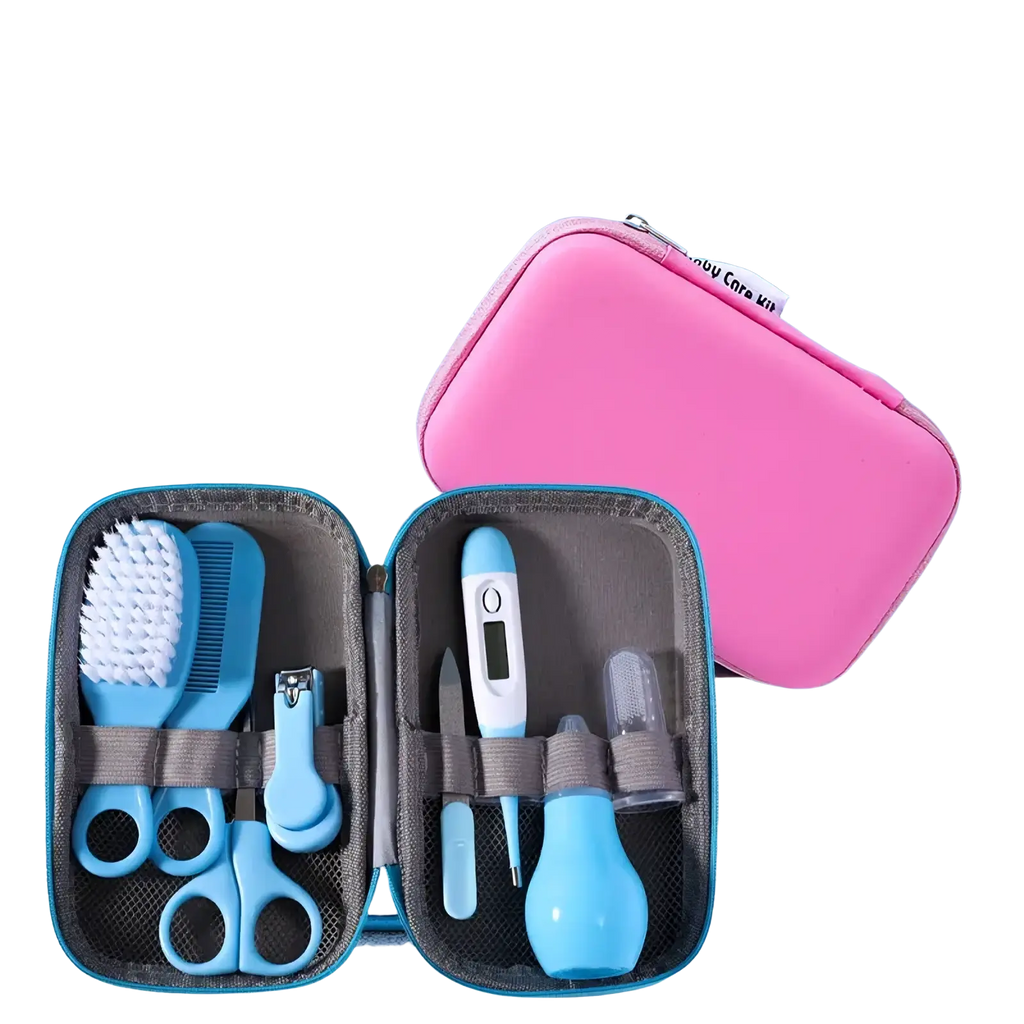 Baby healthcare and grooming kit 8-piece set with pink and blue soft padded exterior and organized compartments for tools
