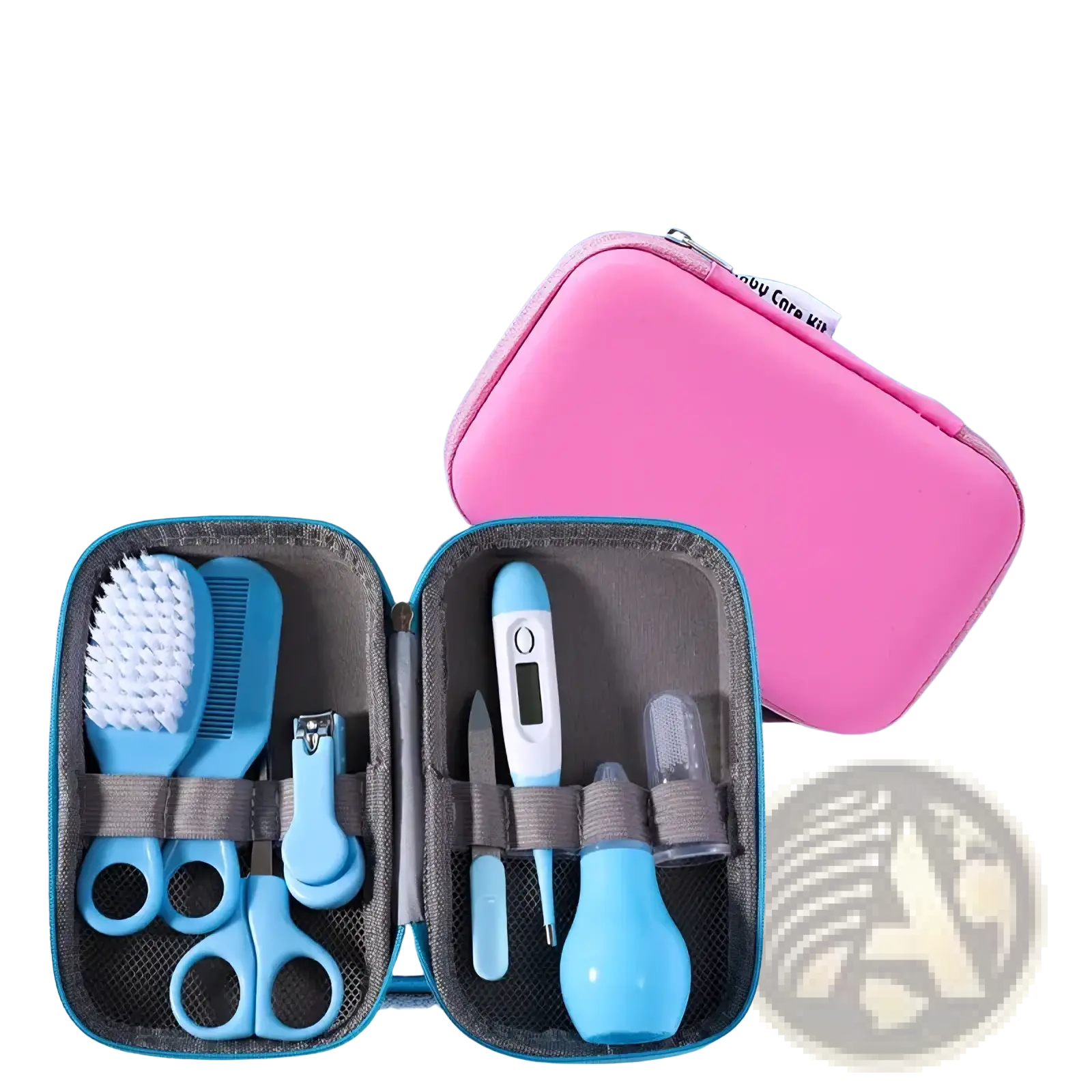 Baby healthcare and grooming kit 8-piece set with pink and blue soft padded exterior and organized compartments for tools