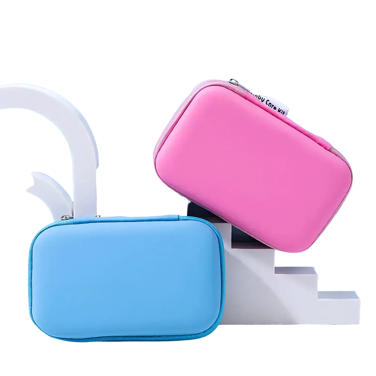 Baby healthcare and grooming kit 8-piece set with pink and blue rectangular travel first aid kits with zipper closures
