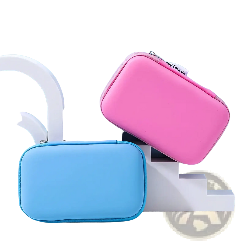 Baby healthcare and grooming kit 8-piece set with pink and blue rectangular travel first aid kits with zipper closures