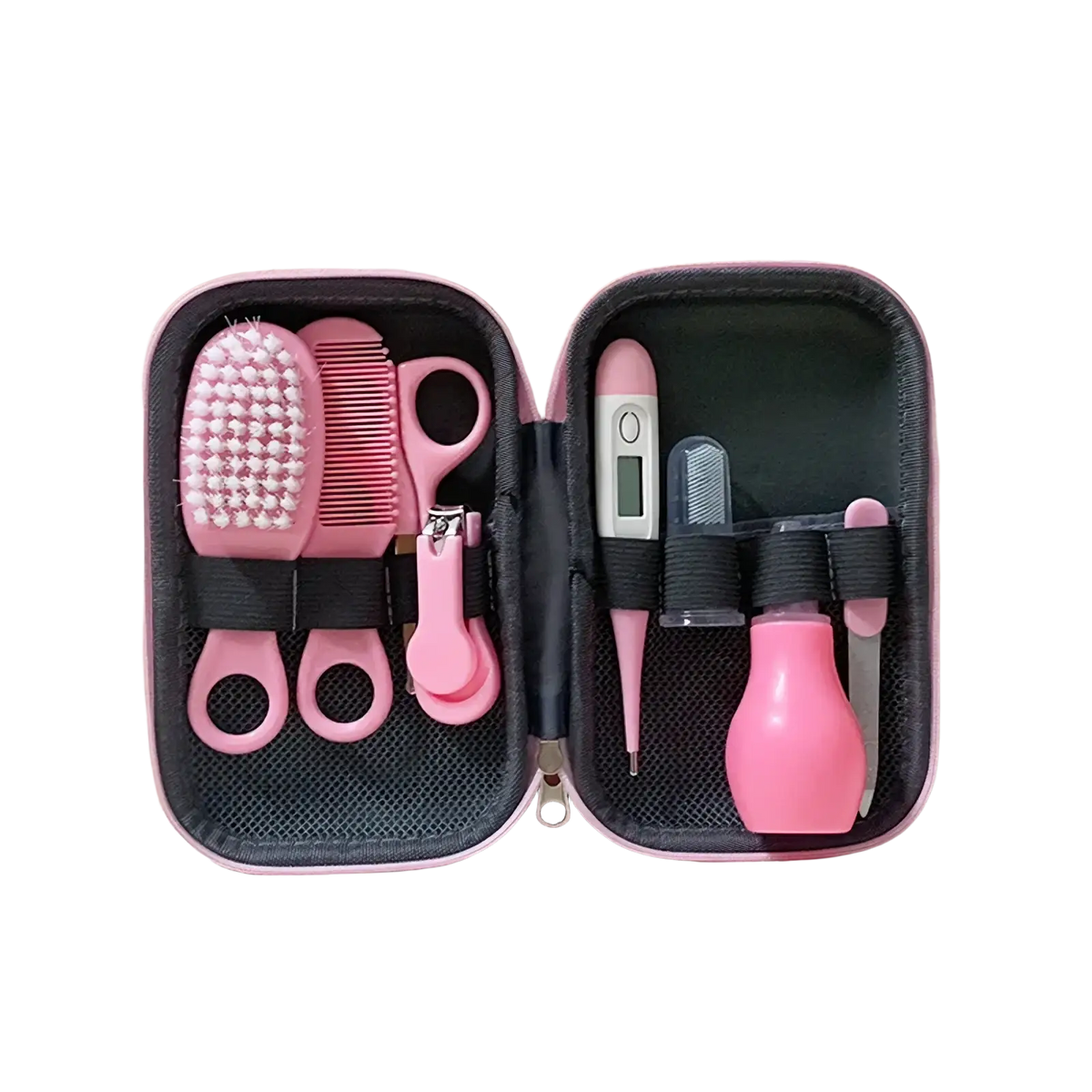 Baby healthcare and grooming kit 8-piece set in pink with soft-bristled brush, nail clippers, thermometer, and comb in compact case