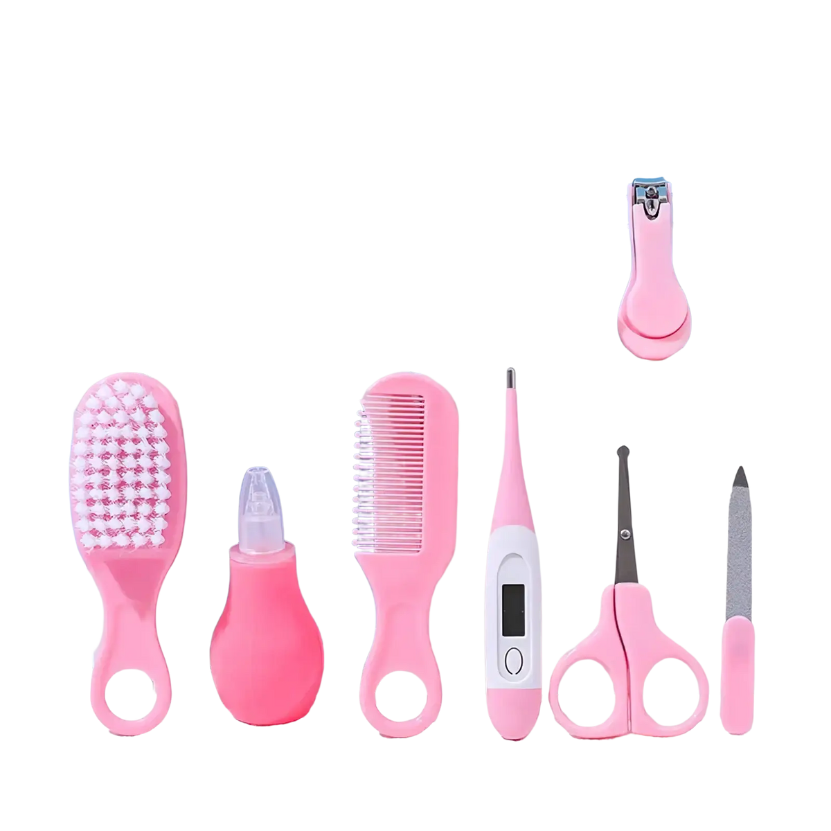Pink baby healthcare and grooming kit 8-piece set with soft-bristled brush comb nail clipper scissors and digital thermometer