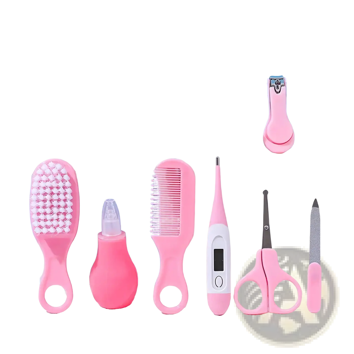 Pink baby healthcare and grooming kit 8-piece set with soft-bristled brush comb nail clipper scissors and digital thermometer