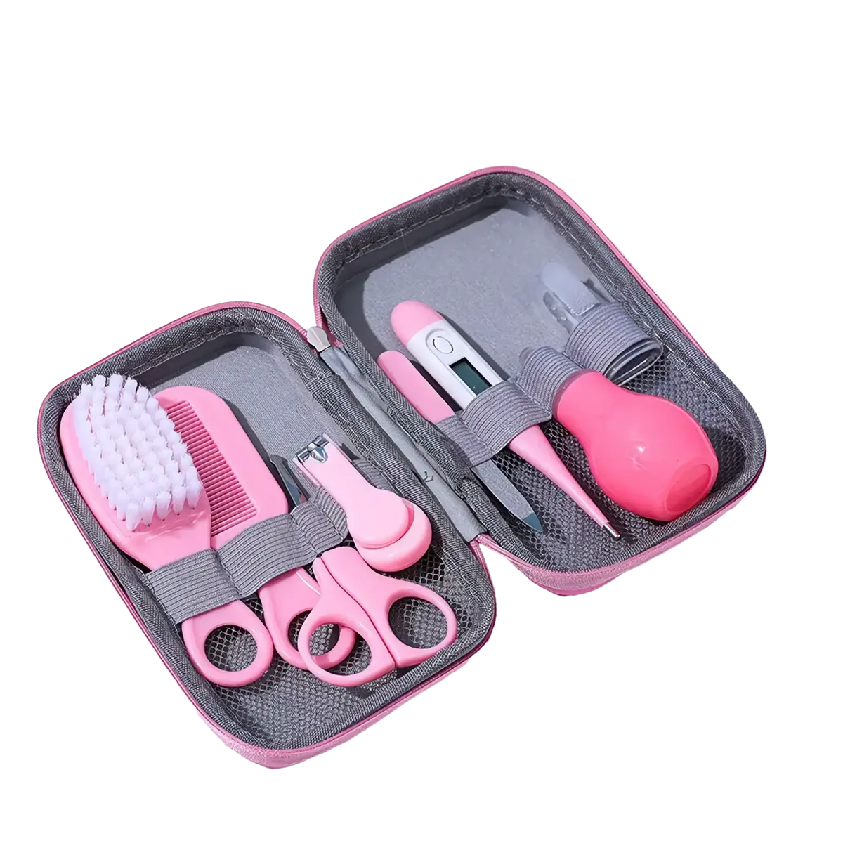 Pink plastic baby healthcare and grooming kit 8-piece set with soft brush comb nail clippers scissors thermometer and bulb
