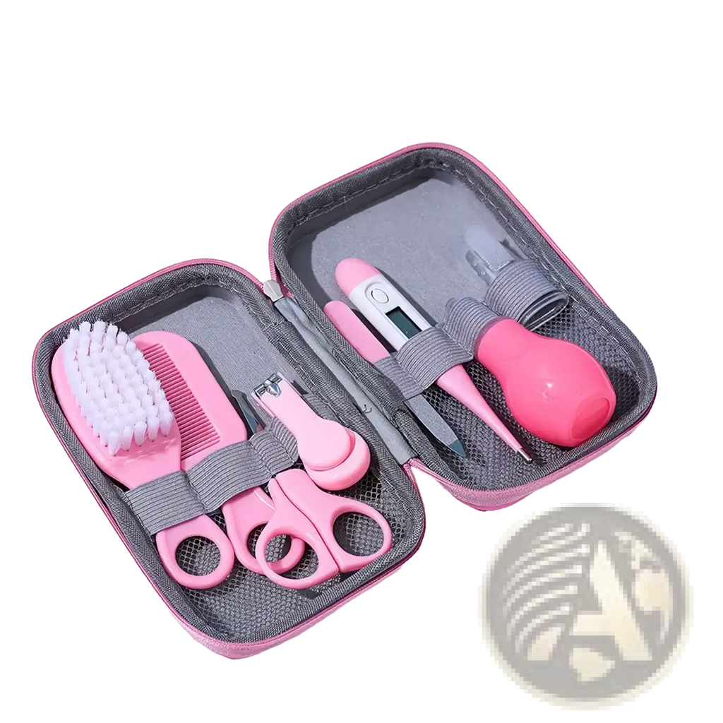 Pink plastic baby healthcare and grooming kit 8-piece set with soft brush comb nail clippers scissors thermometer and bulb