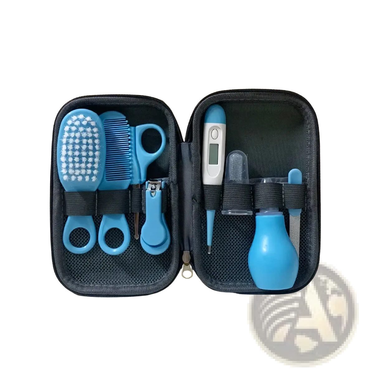 Blue baby healthcare and grooming kit 8-piece set with brushes combs scissors nail clippers and thermometer in black mesh case