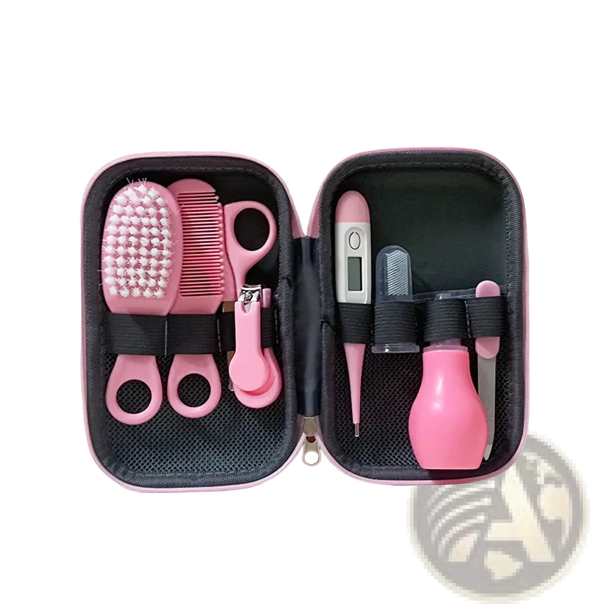 Baby healthcare and grooming kit 8-piece set in pink with soft-bristled brush, nail clippers, thermometer, and comb in compact case
