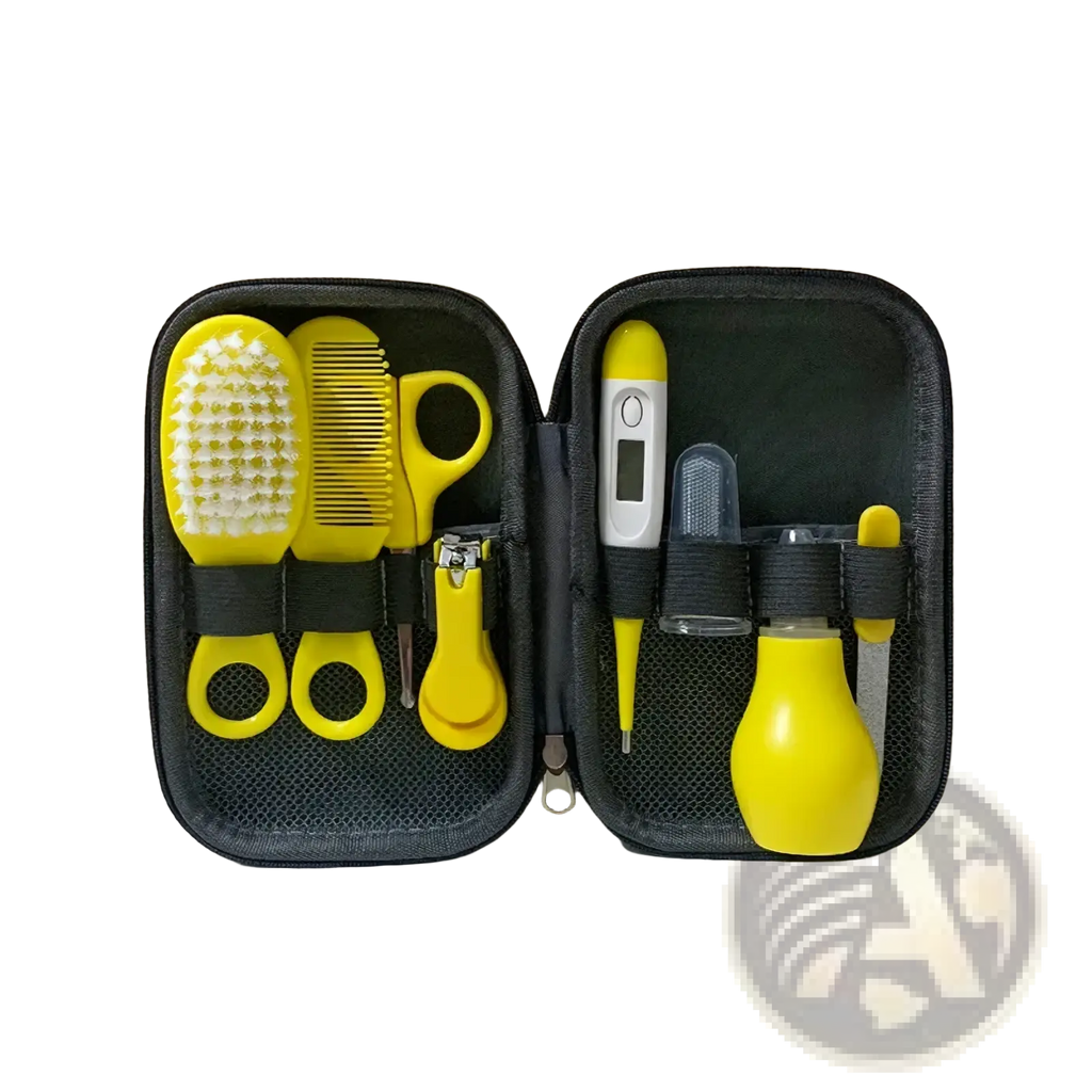 Baby healthcare and grooming kit 8-piece set with yellow baby care tools in a black zippered case for infant grooming