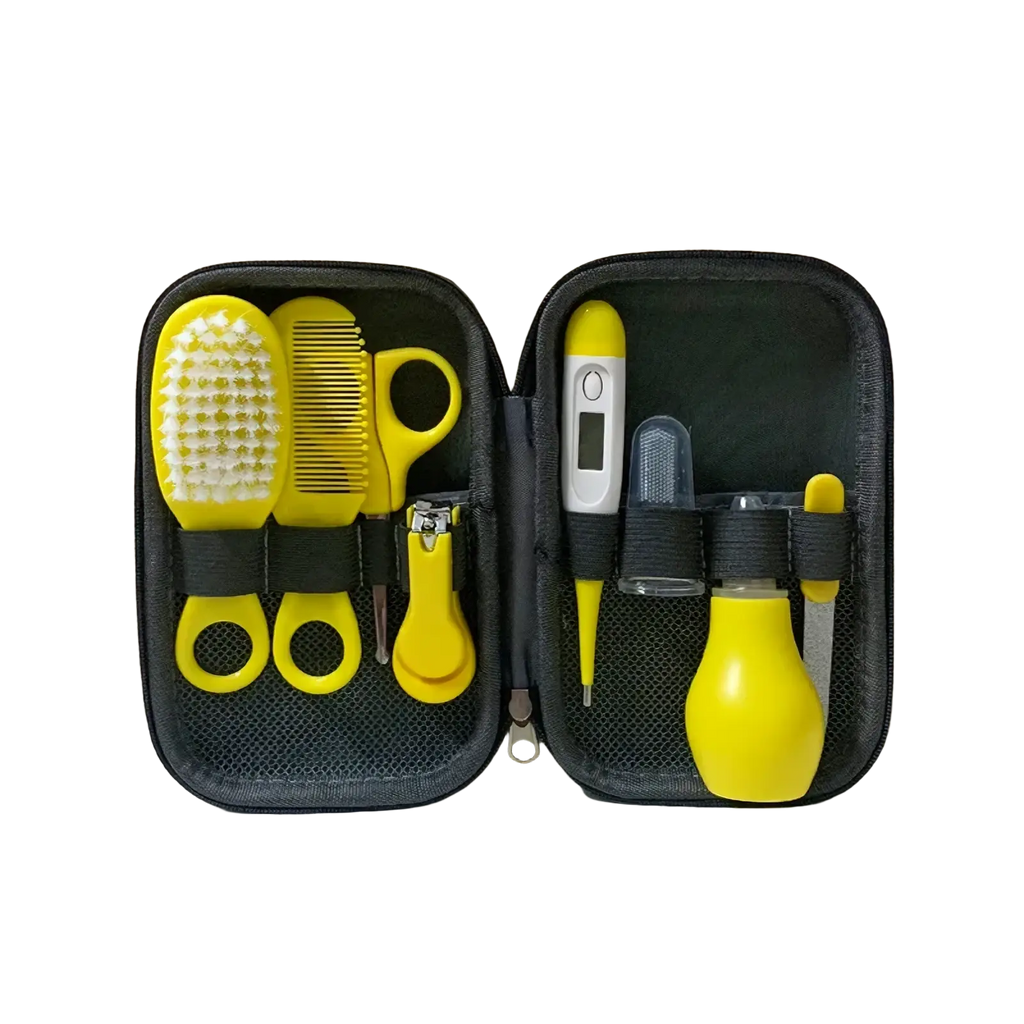 Baby healthcare and grooming kit 8-piece set with yellow baby care tools in a black zippered case for infant grooming