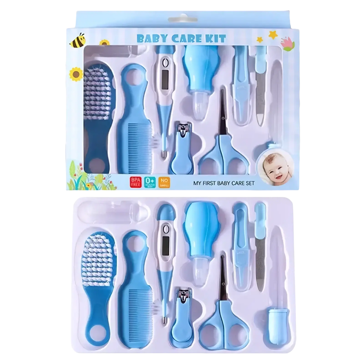 Blue baby healthcare and grooming kit with assorted plastic grooming tools and a digital thermometer for infant care