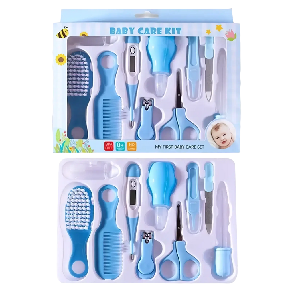 Blue baby healthcare and grooming kit with assorted grooming tools and digital thermometer for infant care