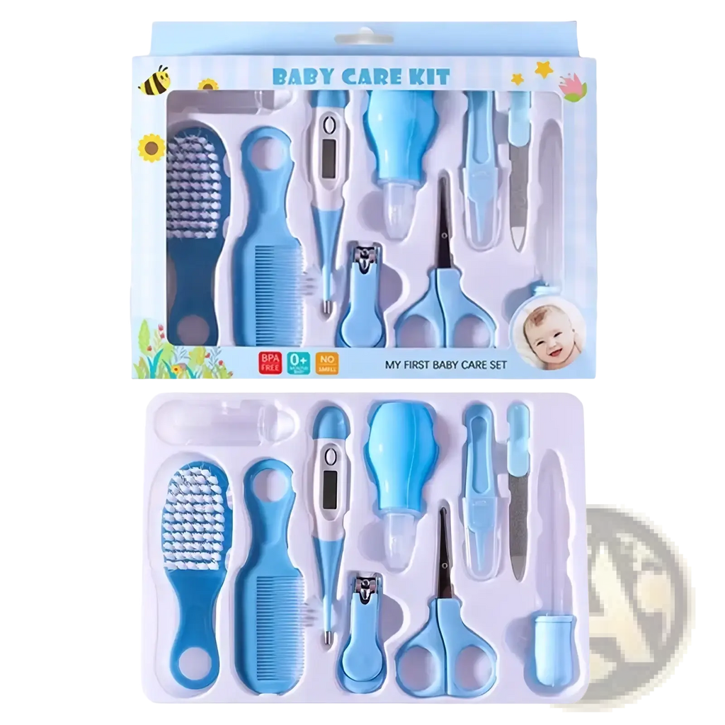 Blue baby healthcare and grooming kit with assorted grooming tools and digital thermometer for infant care
