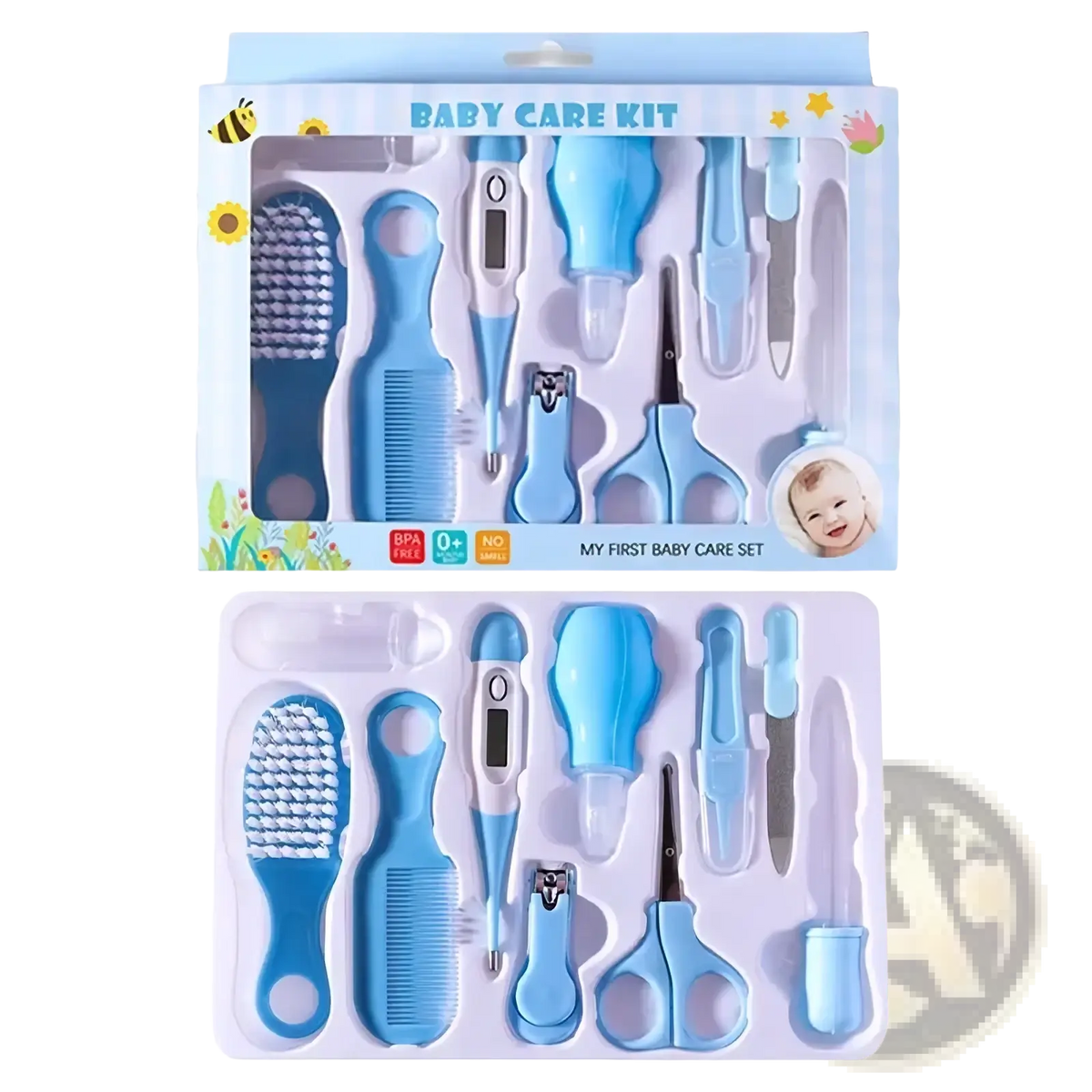 Blue baby healthcare and grooming kit with assorted grooming tools and digital thermometer for infant care