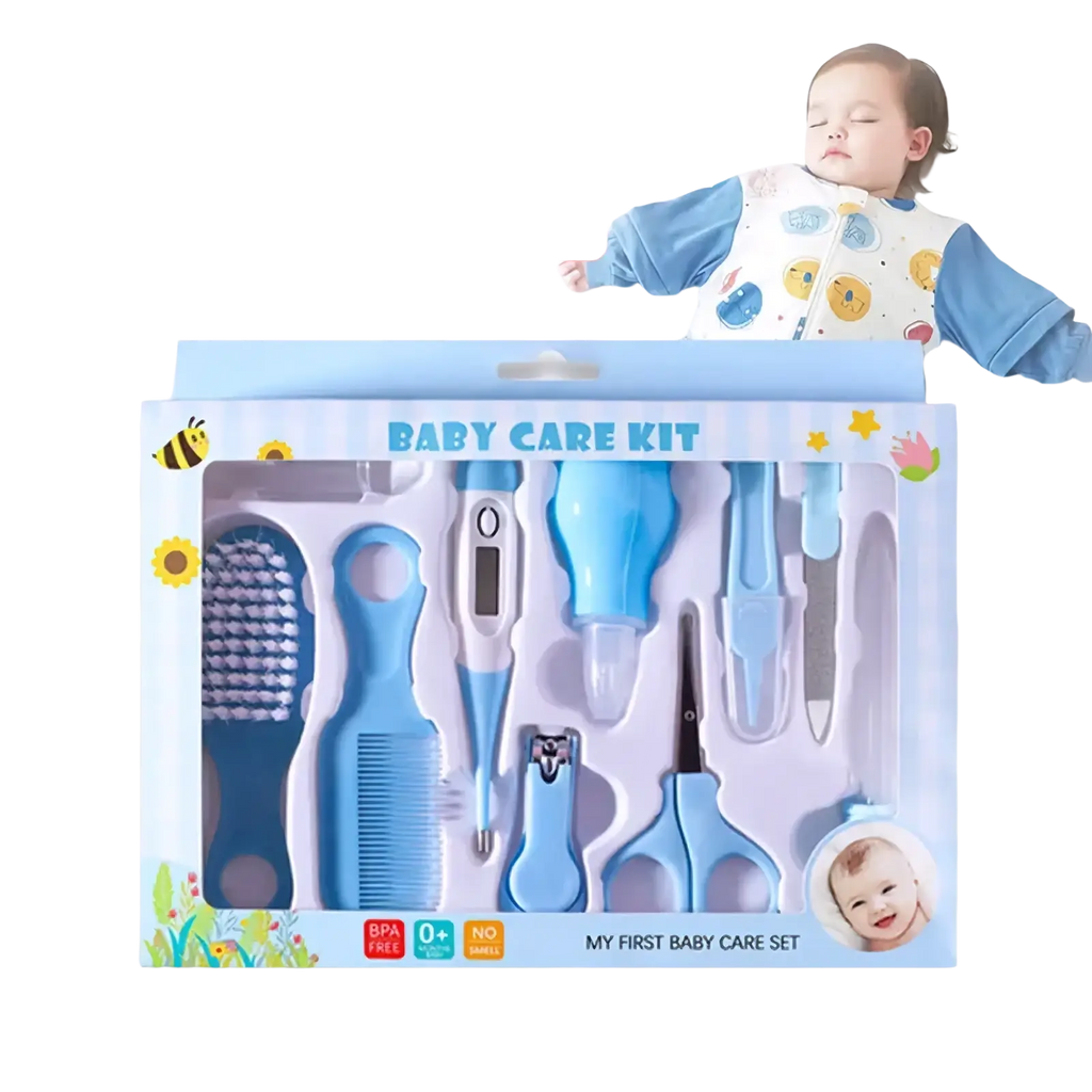 Blue plastic baby healthcare and grooming kit ten piece set in clear package with cartoon bee and flower designs