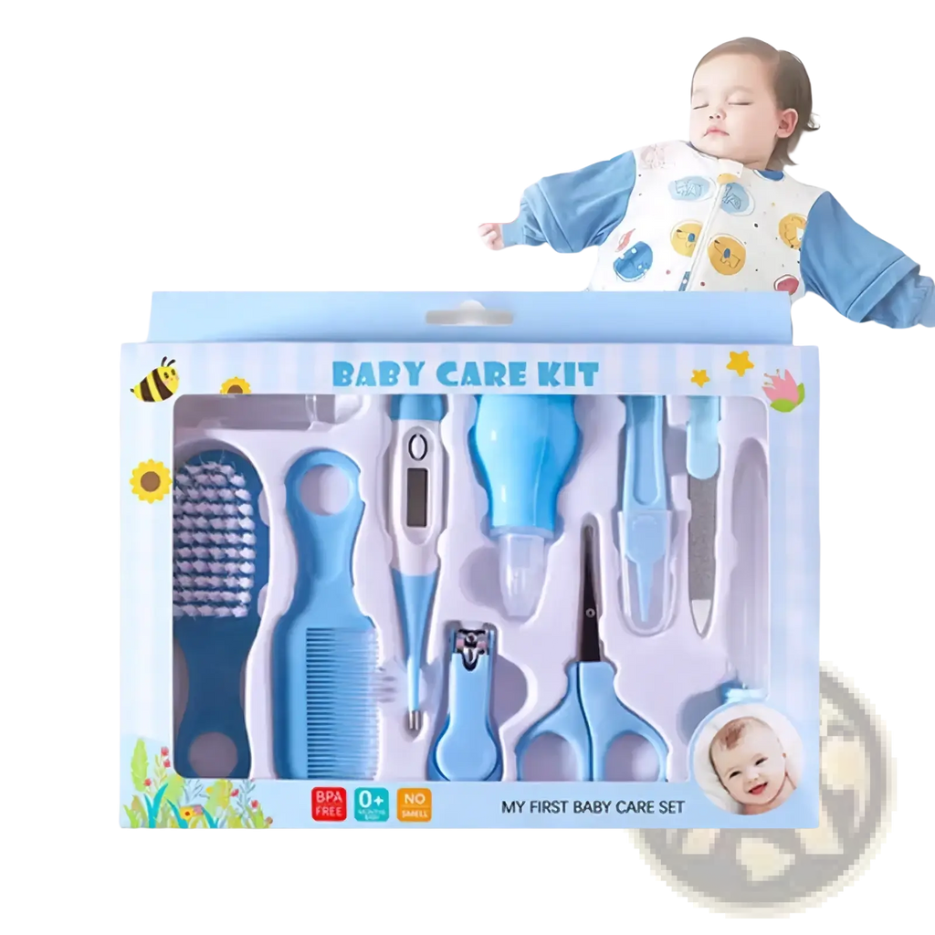 Blue plastic baby healthcare and grooming kit ten piece set in clear package with cartoon bee and flower designs