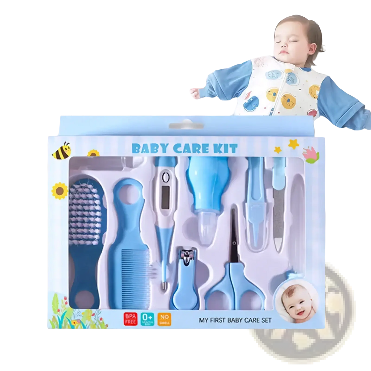Blue plastic baby healthcare and grooming kit ten piece set in clear package with cartoon bee and flower designs