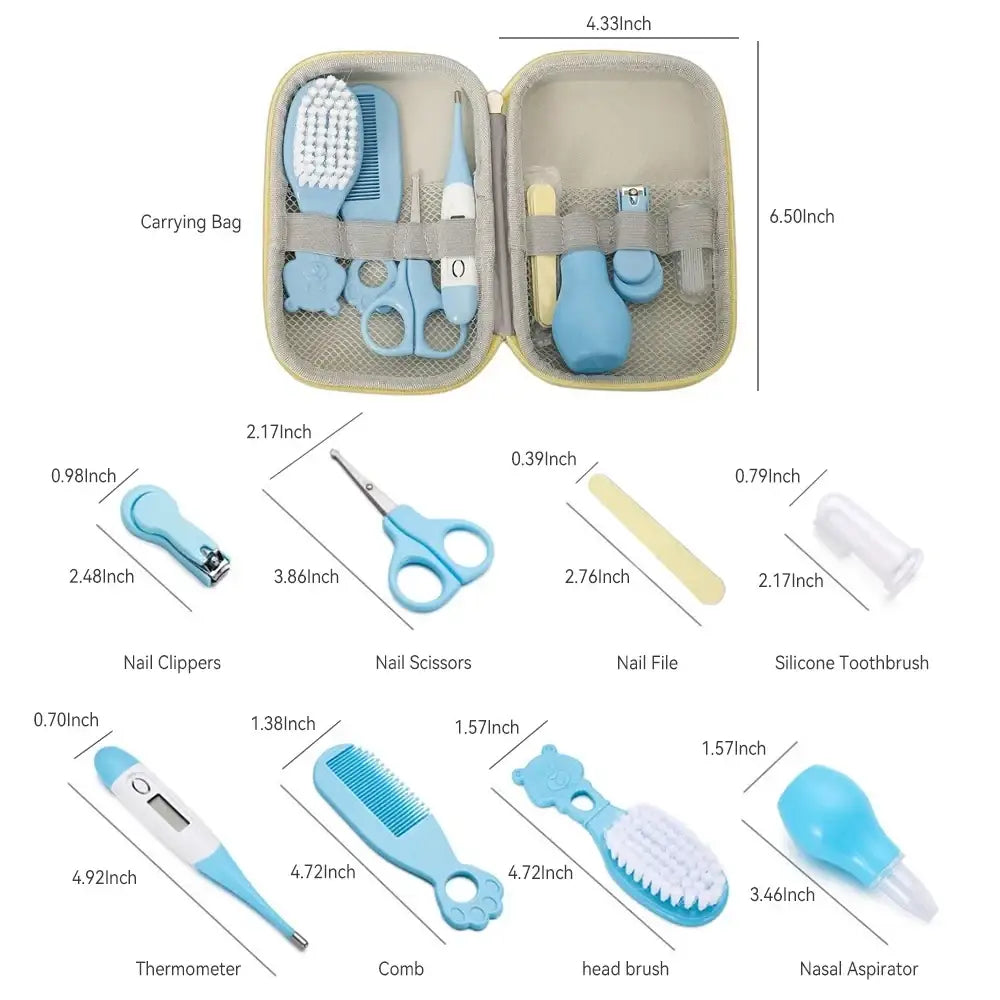 Light blue baby healthcare grooming kit with soft silicone and plastic tools neatly organized in eva carrying case