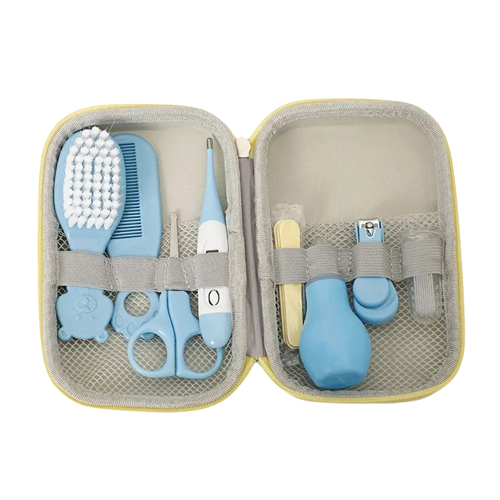 Light blue baby healthcare grooming kit with soft silicone and plastic tools organized in a gray mesh eva case